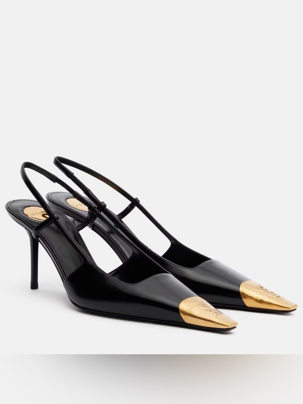 Saint Laurent Black Patent Leather Slingback Pumps with Gold Cap Toe Accent